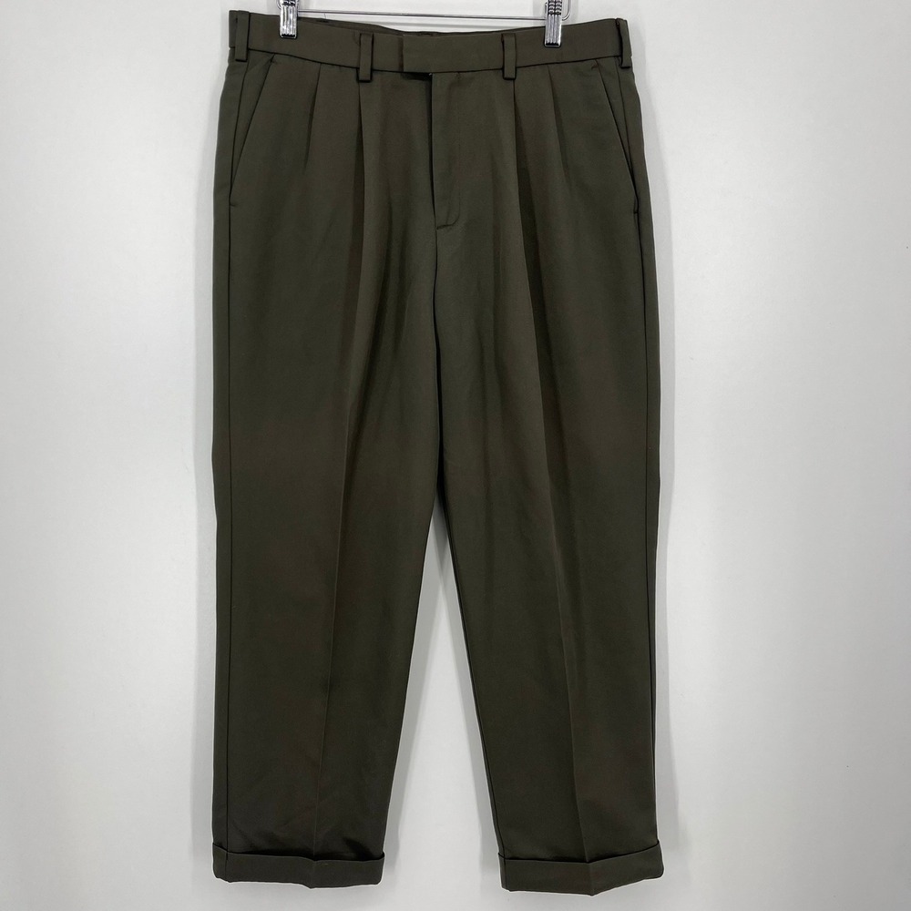 Dockers Premium Mens Pleated Trousers Olive Green Cuffed Pants Size 34x30